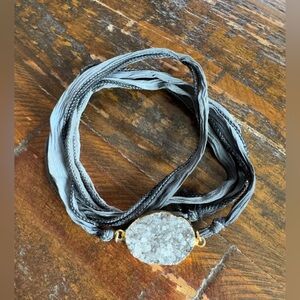 Gorgeous Hand-Dyed Grey Silk Wrap Bracelet, with Druzy Quartz Stone!